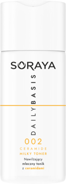 Soraya Daily Basis 002 Nawilżający mleczny tonik z ceramidami w białej butelce, widok z przodu.