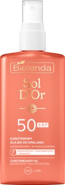 Bielenda Sol D'Or Karotenowy Olejek do Opalania SPF 50 w brzoskwiniowej butelce ze złotym napisem, widok z przodu.