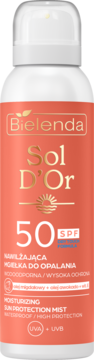 Nawilżająca mgiełka do opalania Bielenda Sol D'Or SPF 50 w koralowej butelce ze złotymi napisami, widok z przodu.