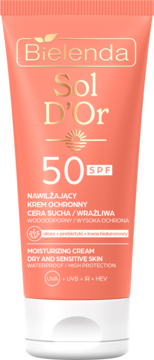 Bielenda Sol D'Or nawilżający krem ochronny SPF 50 do skóry suchej, w koralowej tubce, widok z przodu.