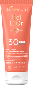 Bielenda Sol D'Or emulsja do opalania SPF 30 w koralowej tubce, widok z przodu, z napisem DRY TOUCH FORMULA.