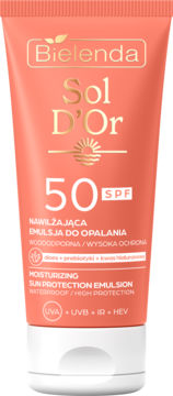 Bielenda Sol D'Or SPF 50 nawilżająca emulsja do opalania, koralowa tubka ze złotymi napisami, widok z przodu.