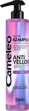 Srebrny szampon Cameleo Anti Yellow Effect w fioletowej butelce z czarną pompką, widok z przodu.