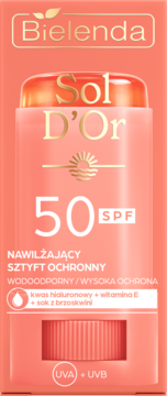 Bielenda Sol D'Or SPF 50 koralowy sztyft ochronny, nawilżający, z kwasem hialuronowym, witaminą E, widok z przodu.