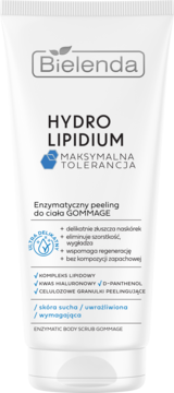 Bielenda Hydro Lipidium peeling enzymatyczny do ciała Gommage w białej tubce, widok z przodu, dla skóry suchej.