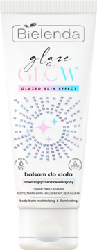 Bielenda Glaze & Glow, biały balsam do ciała nawilżająco-rozświetlający, z holograficznym wzorem glazed skin.