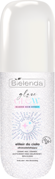 Bielenda Glaze Glow eliksir do ciała, biała butelka z różowo-niebieskim efektem rozświetlenia, widok z przodu.