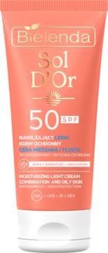 Bielenda Sol D'Or SPF 50 nawilżający lekki krem ochronny, wodoodporny, do cery mieszanej/tłustej, koralowa tubka.