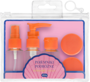 Eloy zestaw buteleczek podróżnych: clear spray, pompka, 2 słoiczki, z pomarańczowymi detalami, w przezroczystym etui.