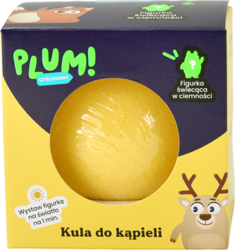 Przednie ujęcie żółtego pudełka PLUM! z okienkiem ukazującym złotą kulę do kąpieli z figurką świecącą w ciemności.