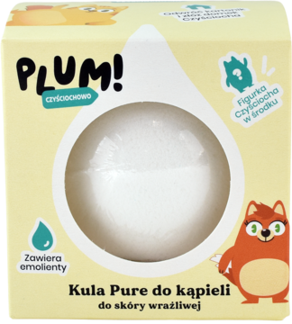 Żółte pudełko kuli do kąpieli Plum Pure do skóry wrażliwej z widoczną białą kulą i ikoną sugerującą zabawkę.