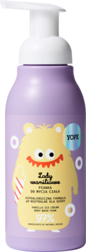 Fioletowa pianka do mycia ciała YOPE dla dzieci, waniliowa, z potworem na etykiecie, widok z przodu.