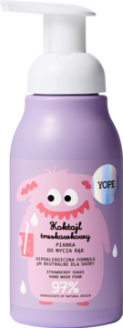 Fioletowa butelka pianki do rąk Yope Strawberry Shake, widok z przodu, z różowym potworem i pompą.