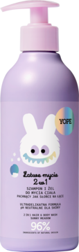 Fioletowy szampon i żel Yope 2w1 'Sunny Meadow' z grafiką potworka, butelka z różową pompką, widok z przodu.
