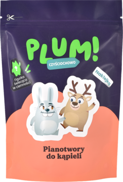 Plum! Pianotwory do kąpieli, fioletowa saszetka, figurka świecąca w ciemności, naklejka, królik i jeleń.