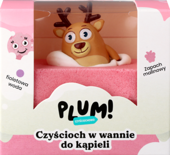 Plum! Czyściochowo kula do kąpieli z zabawką-reniferem, w różowym opakowaniu. Malinowy zapach, fioletowa woda.