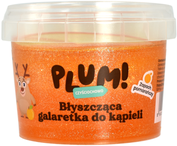 Plum! Błyszcząca galaretka do kąpieli, pomarańczowa z brokatem, w okrągłym słoiczku, zapach pomarańczy.