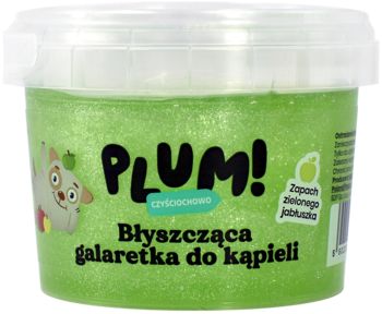 Zielony brokatowy slime do kąpieli PLUM! o zapachu zielonego jabłka w przezroczystej tubie, widok z przodu.
