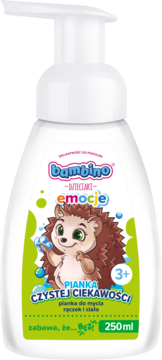 Biała pianka Bambino Dzieciaki Emocje Czystej Ciekawości do mycia, z wizerunkiem jeża i bańkami, widok z przodu.