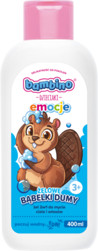 Bambino Dzieciaki Żelowe Bąbelki Dumy 2w1, biała butelka z różową nakrętką i bobrem. Widok z przodu.