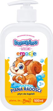 Biała butelka Bambino Dzieciaki Emocje Puszysta Piana Radości 500ml z pompką, widok z przodu z wiewiórką.