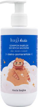 Hagi Kids Szampon bąbelek do włosów, biała butelka z pompką, niebieska etykieta z rudym kotkiem i napisem 'czeko-pomarańcza'.