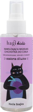 Hagi Kids nawilżająca mgiełka Chichotka Szalona Śliwka, butelka spray, fioletowa etykieta z kotem Kocia Szajka.