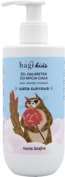 Hagi Kids Żel galaretka do mycia ciała w białej butelce z pompką, z kotem piratem i watą cukrową.