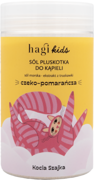 Hagi Kids Sól Pluskotka Kocia Szajka, zapach czeko-pomarańcza, w żółtym pojemniku z różowym kotem.
