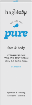 Hagi baby Pure krem hipoalergiczny do twarzy i ciała w jasnoszarym opakowaniu, widok z przodu z niebieskimi napisami.