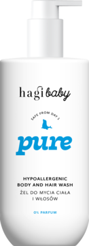 Hagi baby Pure, biały hipoalergiczny żel do mycia ciała i włosów z pompką, napis 'pure' na niebiesko.