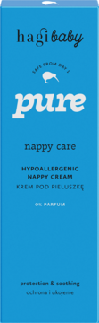 Niebieskie pudełko Hagi baby Pure kremu pod pieluszkę. Hipoalergiczny, bezzapachowy, ochrona i ukojenie.