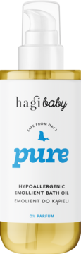 Hagi baby Pure, hipoalergiczny emolient do kąpieli w przezroczystej butelce z białą pompką, widok z przodu.