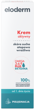 Eloderm Krem aktywny na suchą i atopową skórę, z Omega 3-6-9, biało-turkusowe opakowanie, przód.