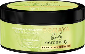 Wygładzający pistacjowy scrub Soraya Body Ceremony w okrągłym, zielono-czarnym słoiku, widok z przodu.