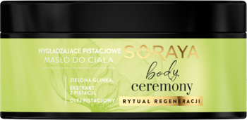 Soraya Body Ceremony wygładzające masło do ciała pistacjowe, czarny słoik z zieloną etykietą i złotym logo, widok z przodu.