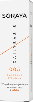 Białe pudełko Soraya Daily Basis 005: Wygładzająco-rozjaśniające serum pod oczy z kofeiną, widok z przodu.