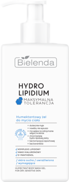 Bielenda Hydro Lipidum żel do mycia ciała w białej butelce z pompką, widok frontalny, etykieta z niebieskimi detalami.