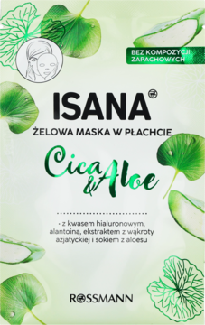 ISANA Żelowa maska w płachcie Cica&Aloe, zielono-białe opakowanie, widok z przodu, bez kompozycji zapachowych.