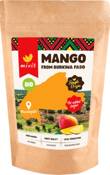Przednie opakowanie suszonego mango BIO Mizit z Burkina Faso, brązowe z kolorową etykietą i mapą kraju.