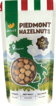 Biała torebka Mixit z piemontskimi orzechami laskowymi Tonda Gentile. Widoczne okienko z orzechami i mapa Włoch.