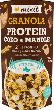 Mixit Granola Protein Czeko & Mandle, brązowe opakowanie z widoczną miską granoli z migdałami i czekoladą.