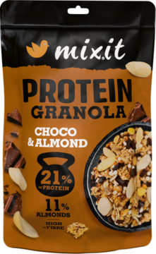 Mixit Protein Granola Choco & Almond, czarno-brązowe opakowanie z miską granoli, czekoladą i migdałami.