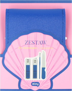 Eloy mini zestaw manicure: granatowe etui, 2 obcinaczki, pilniczek i dłutko na różowej karcie w kształcie muszli.