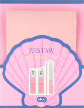 Eloy mini zestaw manicure różowy, w muszlowym opakowaniu z narzędziami: obcinaczkami i pilniczkiem.