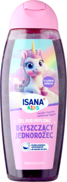 Isana Kids Żel pod Prysznic Błyszczący Jednorożec o słodkim zapachu, ciemnofioletowa butelka, widok z przodu.