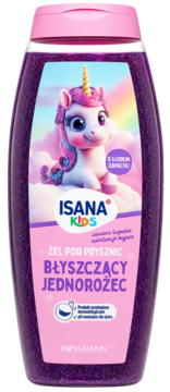 Isana Kids żel pod prysznic Błyszczący Jednorożec, fioletowa brokatowa butelka, słodki zapach, widok z przodu.