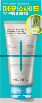 Mediheal Madecassoside Derma Cream Pack Cleanser w białej tubce na turkusowym tle, z detalem 'Pack to Foam'.