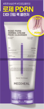 MEDIHEAL Rose PDRN Derma Cream Pack Cleanser w białej tubie z fioletową nakrętką, zmienia się z maski w piankę.