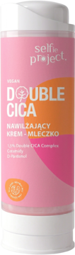 Selfie Project Double CICA nawilżający krem-mleczko w różowej butelce z pompką, widok z przodu.